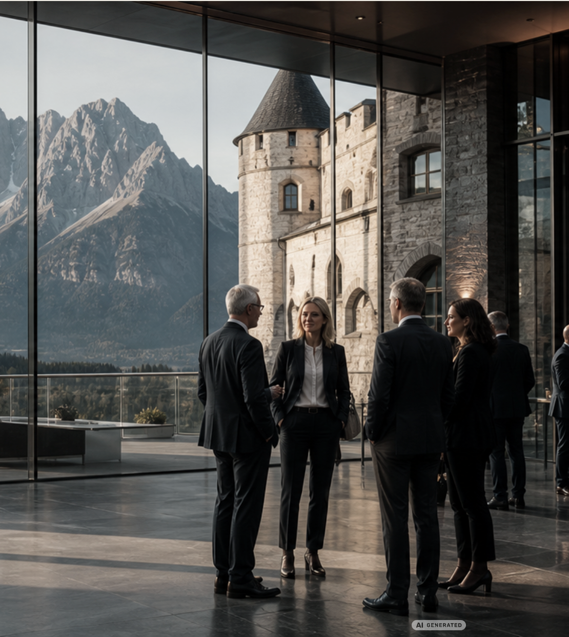 Gäste vor einer Schlosskulisse mit Blick auf die Berge